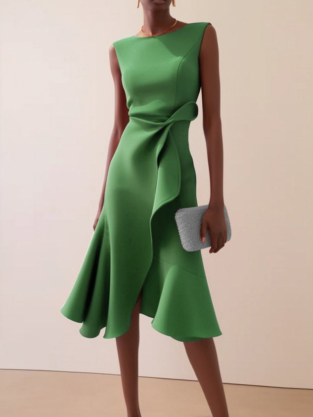 Women's Sleeveless Solid Color Round Neck Mid-length Dress