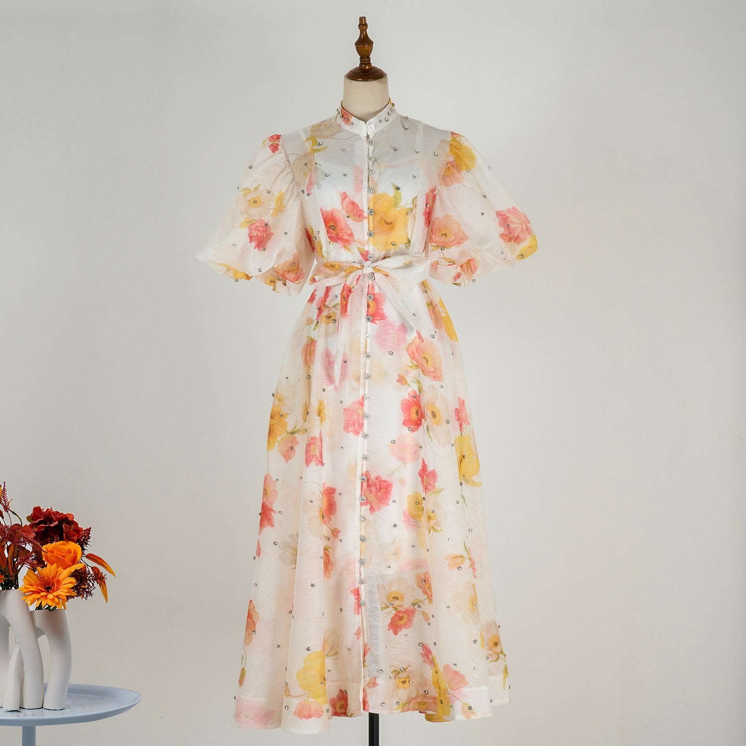 Summer Palace Style High Design Sense Rhinestone Sleeve Single-breasted Long Dress