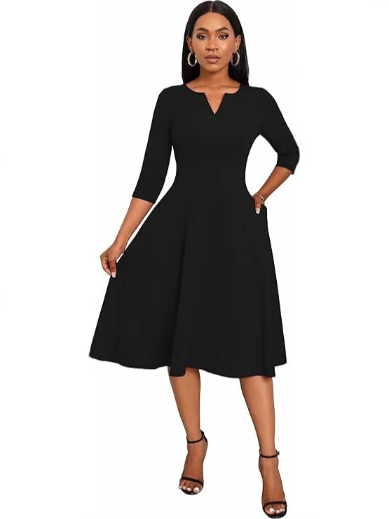 Mid-length Flared Three-quarter Sleeve Guest Work Dress