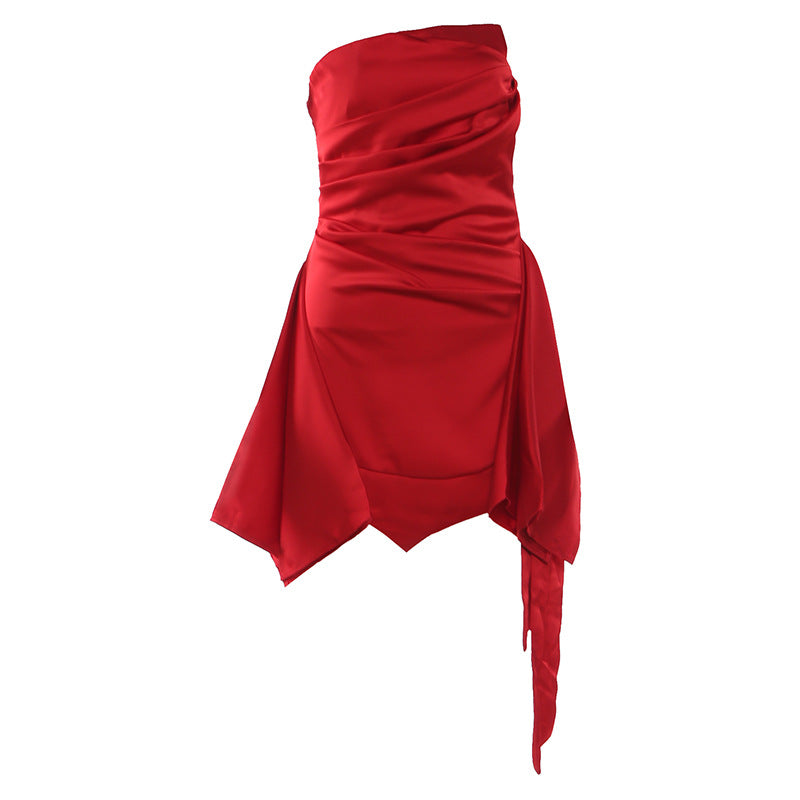 Women's Graceful Tube Backless Waist Trimming Pleated Solid Dress