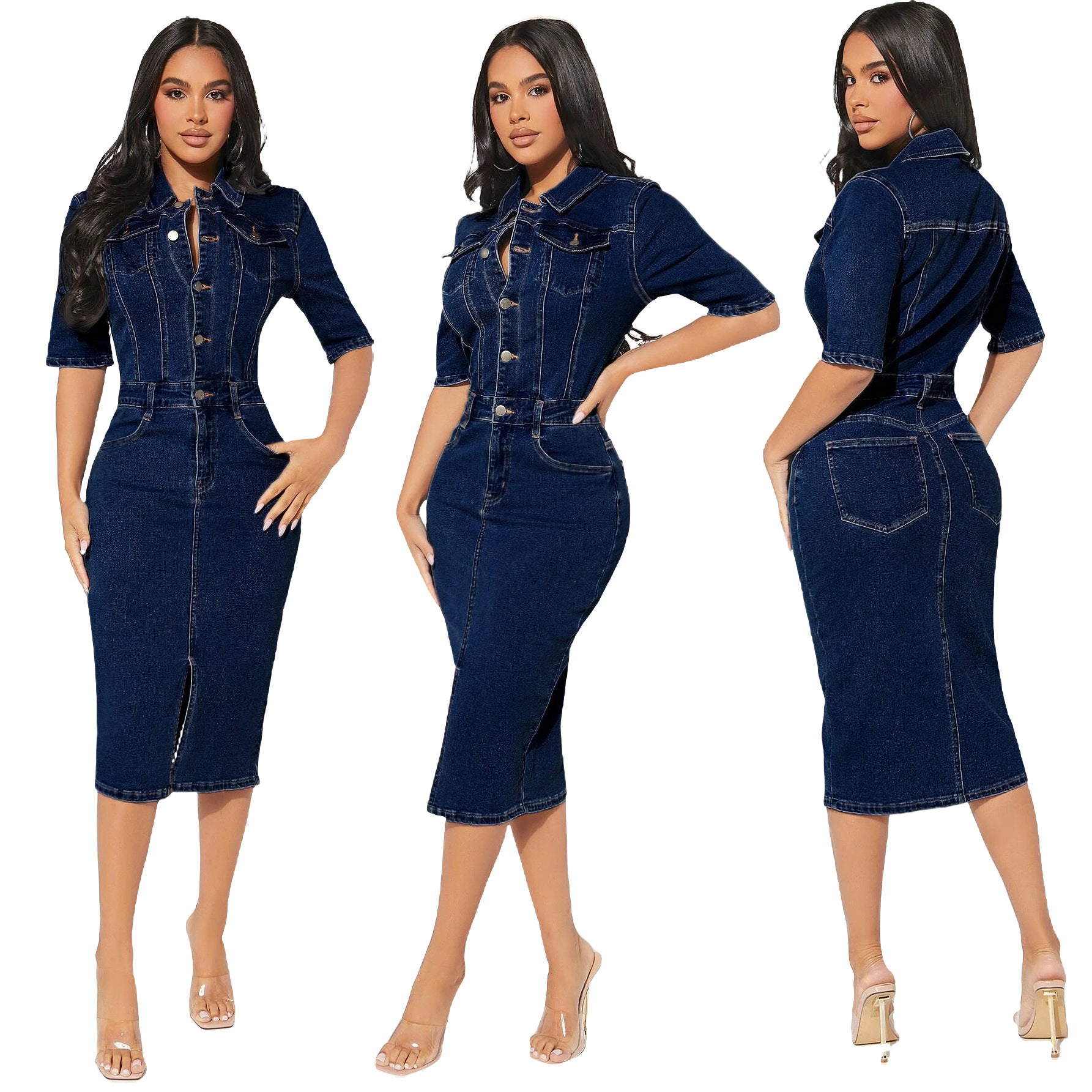 Sexy Elastic Breasted Denim One-piece Midi Skirts