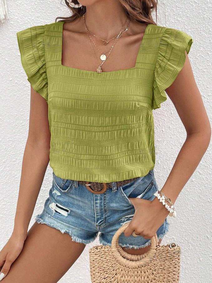 Women's Square Collar Ruffles Sleeve Shirt Female Tops