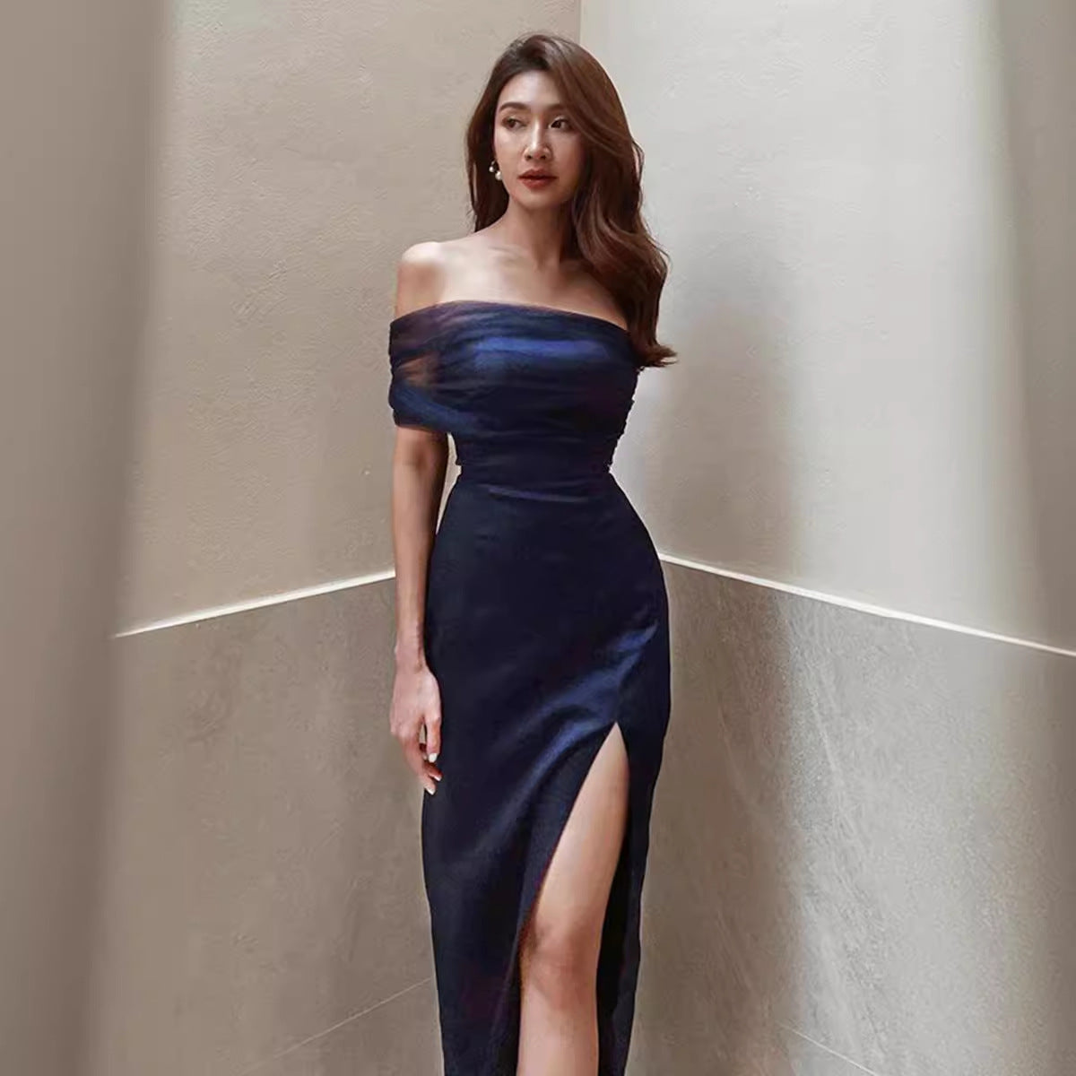 Summer Satin Split Micro Yarn Sexy Tuxedo Dress