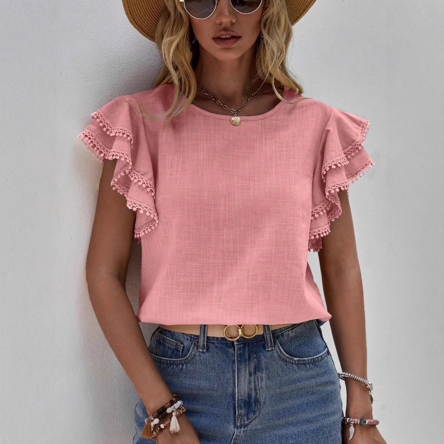 Women's Pleated Sleeves Round Neck Shirt Solid Color Casual Women's T-shirt