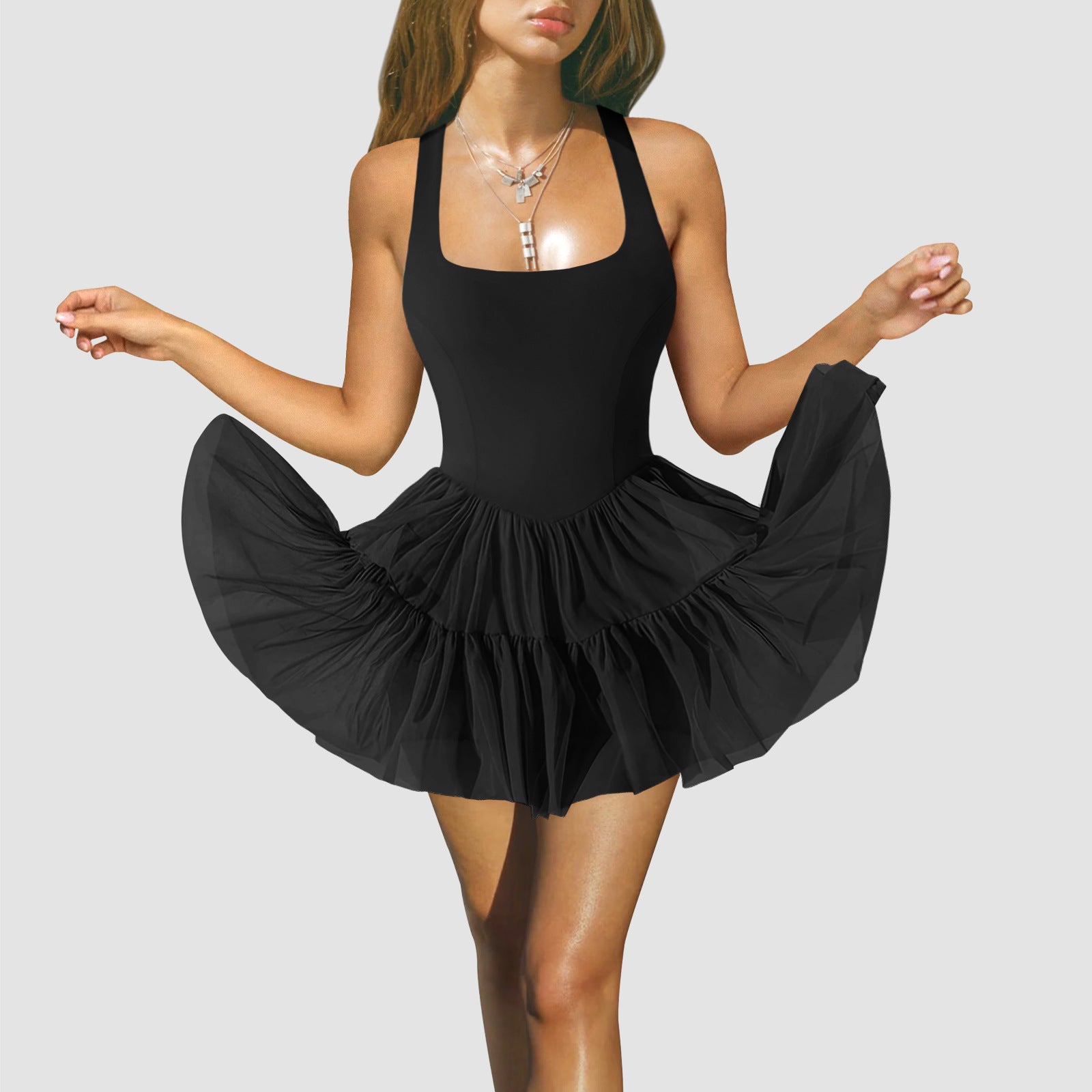 Women's Summer Ballet Style Mesh Inner Village Strap Dress