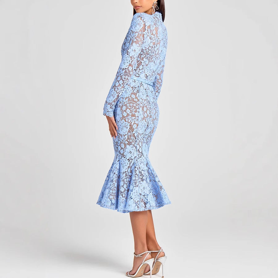 Stylish Slimming Lace Belt Long-sleeved Fishtail Dress