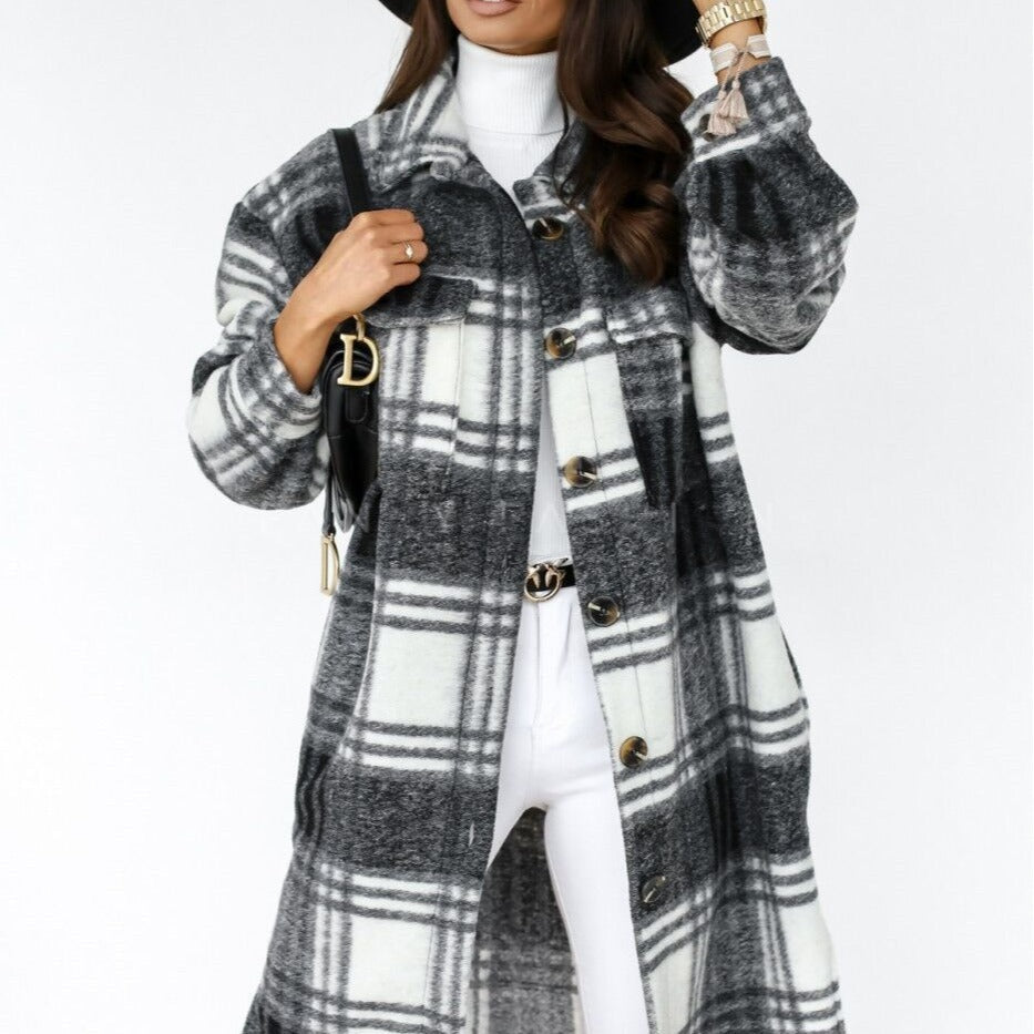 Women's Long-sleeved Plaid Printed Mid-length Shirt Blouse
