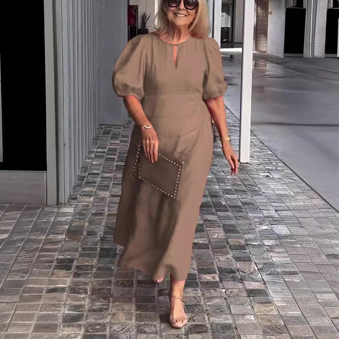 Women's Solid Color Loose-fitting Casual Puff Sleeve Dress