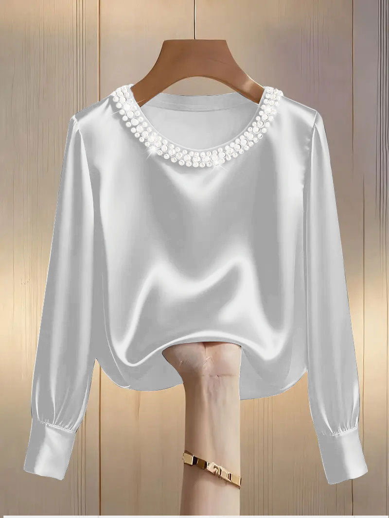 Women's Style High-grade Pearl Round Neck Satin Shirt Tops