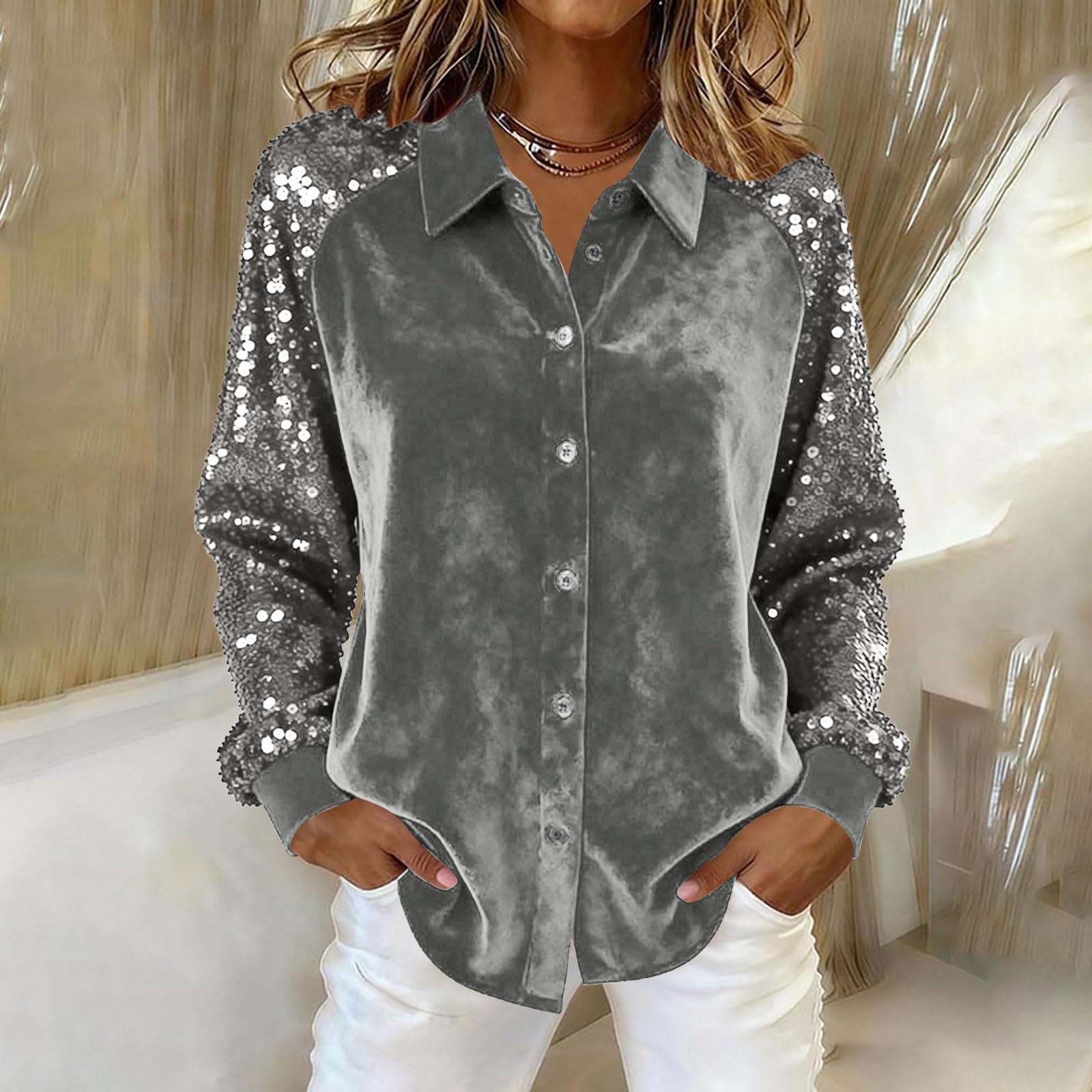 Women's Sequin Sleeve Stitching Long Veet Loose Tops