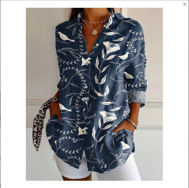 Women's Digital Printing Abstract Pattern Long Sleeve Buckle Blouse