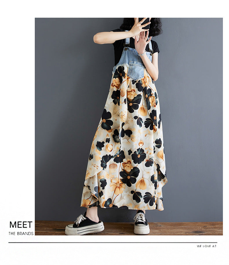 Color Loose Denim Stitching Floral Strap Dress
