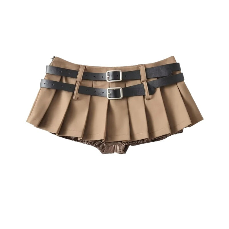 Women's American Niche Double Belt Design Hot Pleated A- Line Skirt