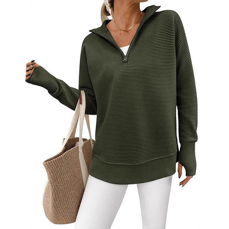 Women's Long Sleeve Half Zip Rib Knitted Pullover Early Autumn Clothing