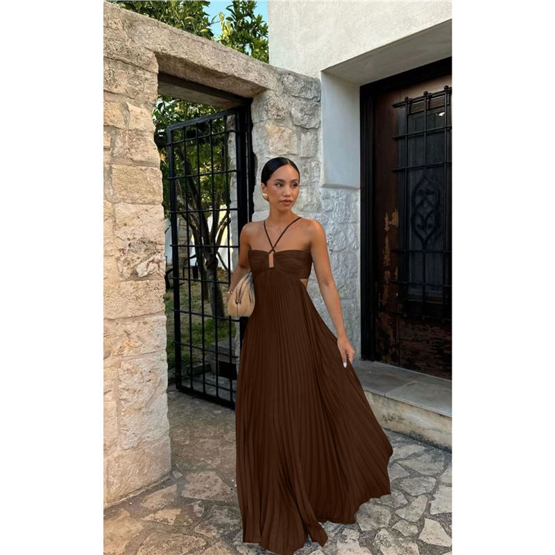 Summer Pure Color Pleated Sleeveless Suspender Dress