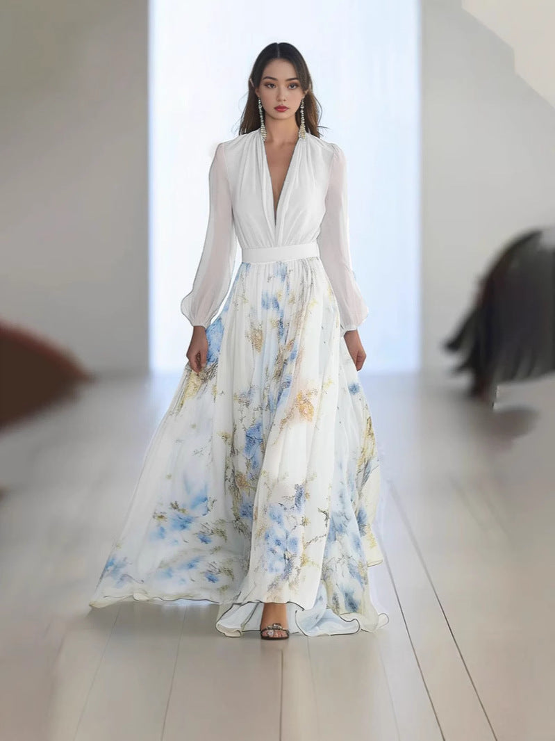 Women's Digital Printing Long Sleeve Collar Patchwork Dress