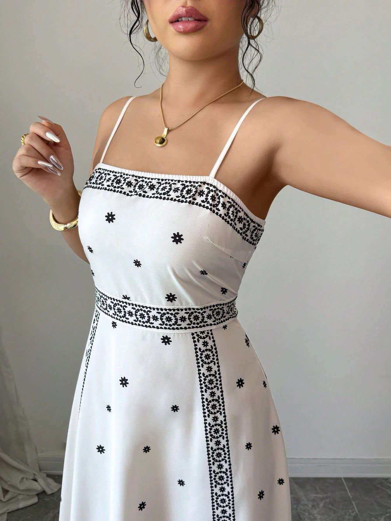Women's Elegant Sling White Printing Long Dress
