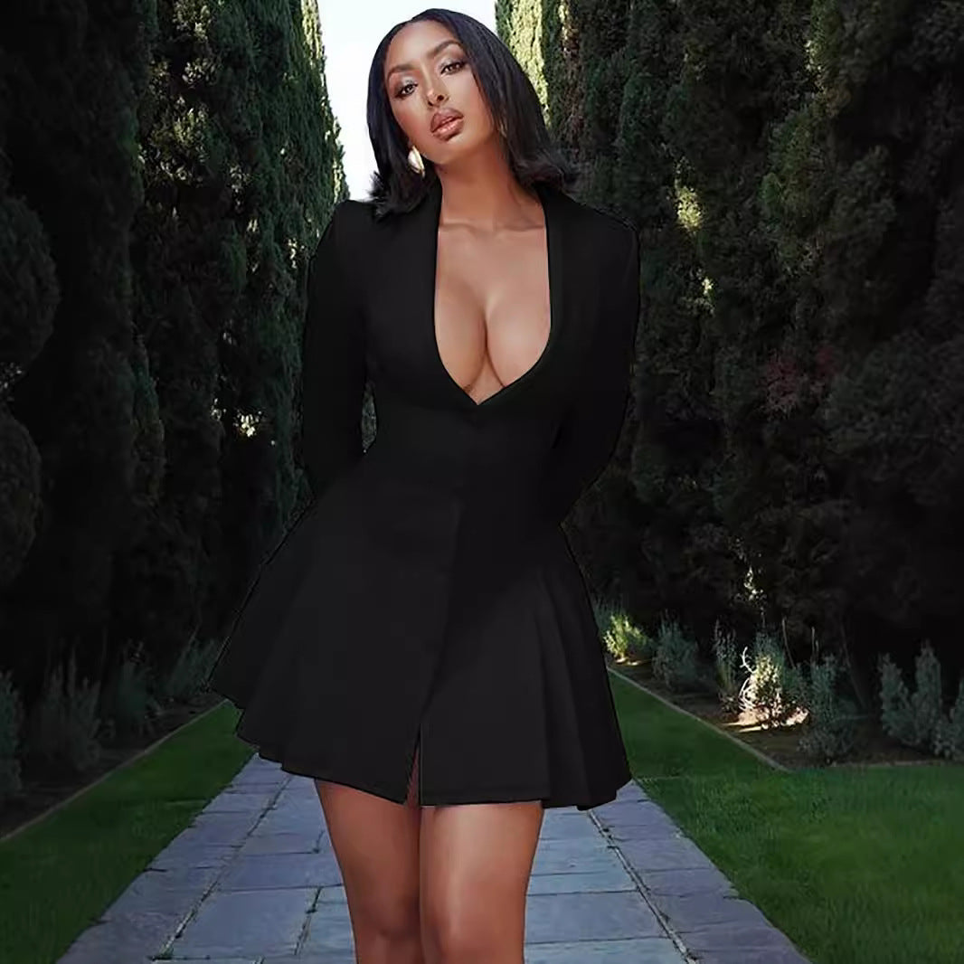 Women's Solid Color Long Sleeve Pleated Sexy Deep Dress