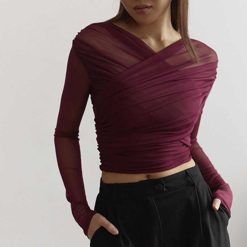 Women's Autumn Pure Color Mesh Sexy Pleated Tops