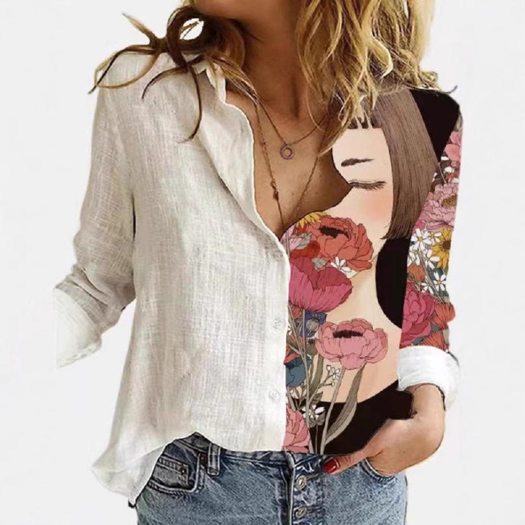 Classic Women's Shirt Printed Long-sleeved Casual Blouse