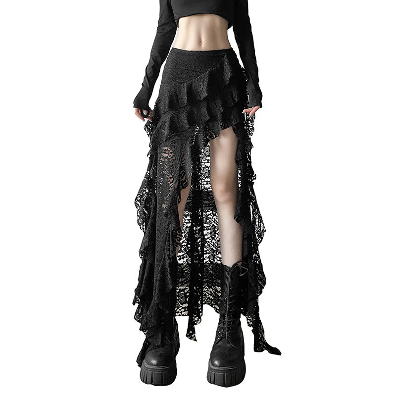 Women's Autumn Unique Design Black Lace Wavy Pleated Edge Skirt