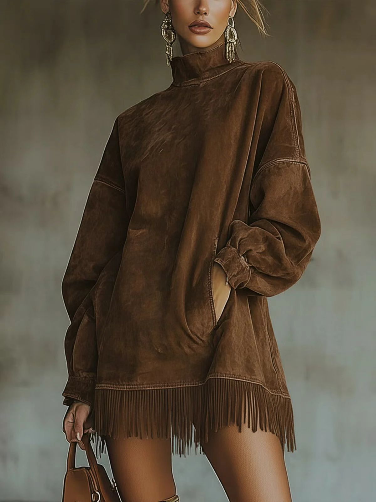 High Collar Loose Pocket Tassel Long Sleeve Dress