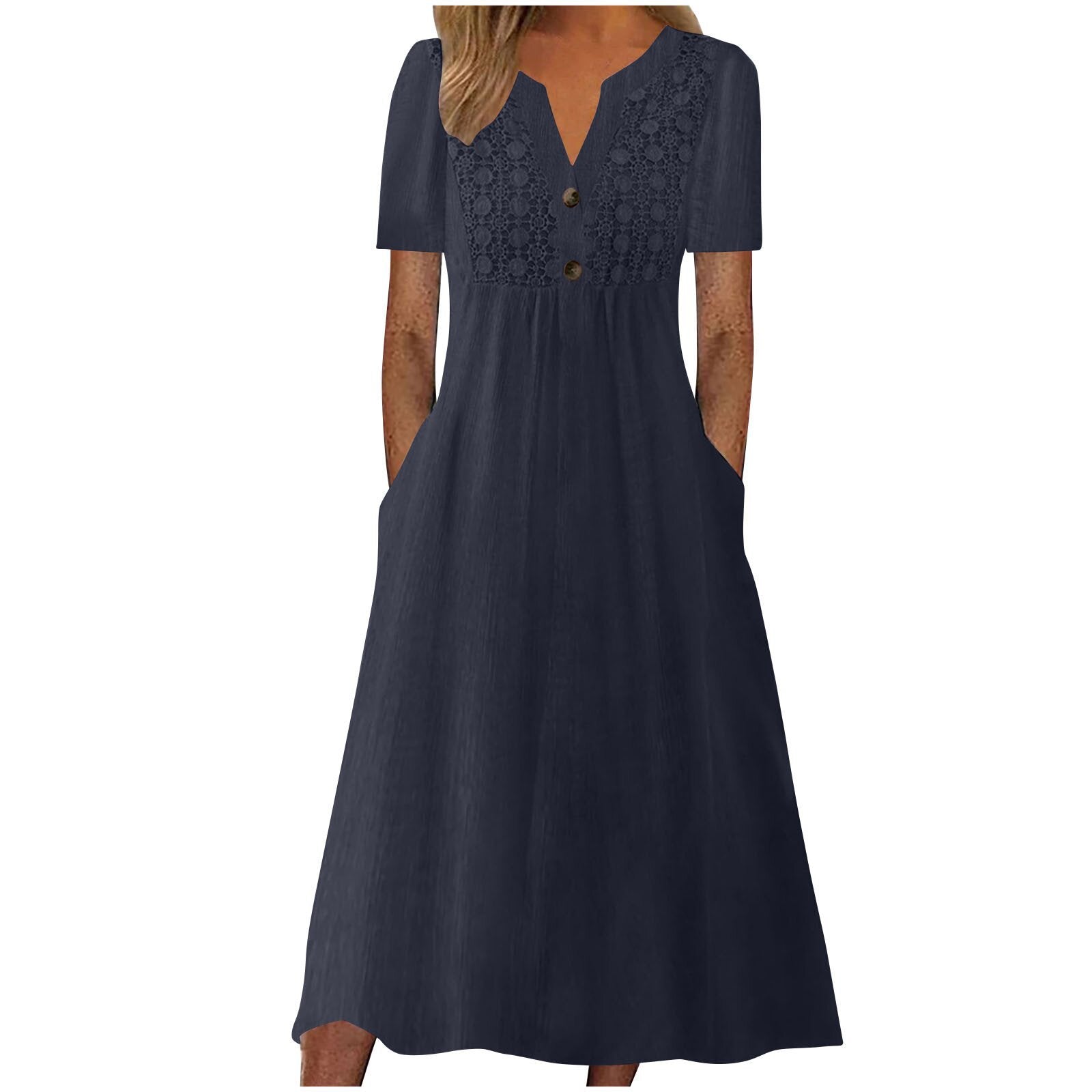 Solid Color Lace Button Pocket Sleeve Dress