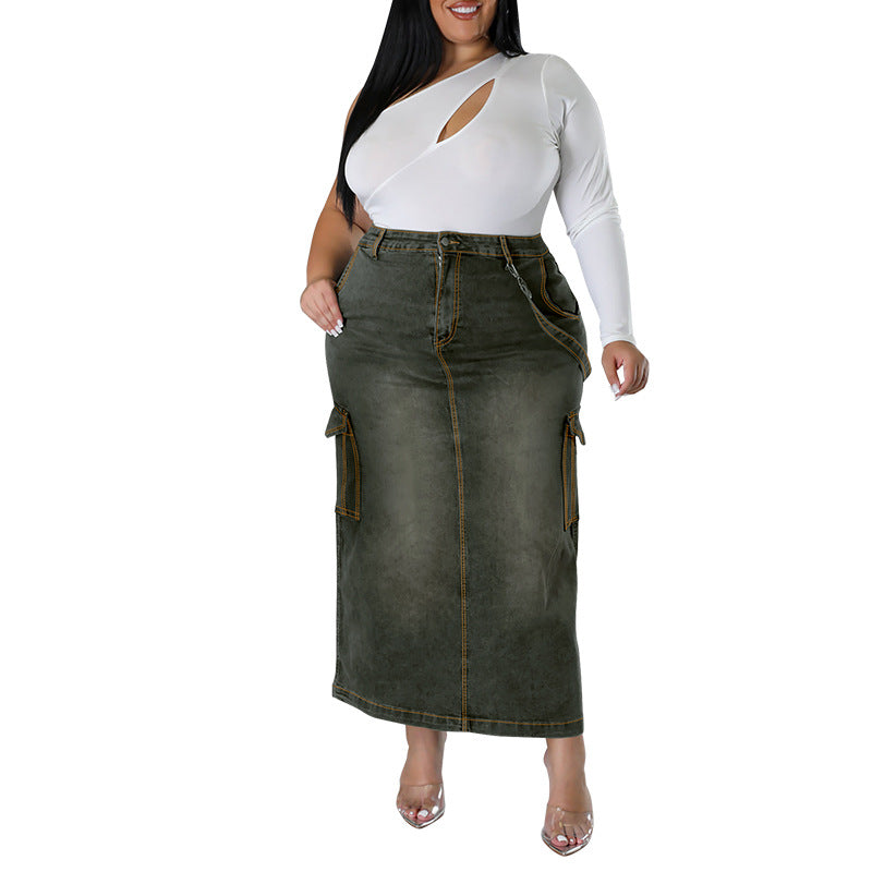 Women's Large Denim Decoration Sleeveless Split Long Skirt