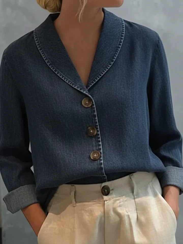 Women's Vintage Shawl Collar Button Denim Cotton Blouse
