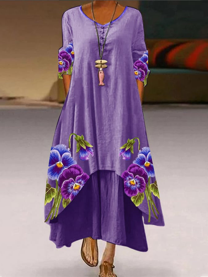 Women's Popular Printed Long-sleeved Hem Irregular Long Dress