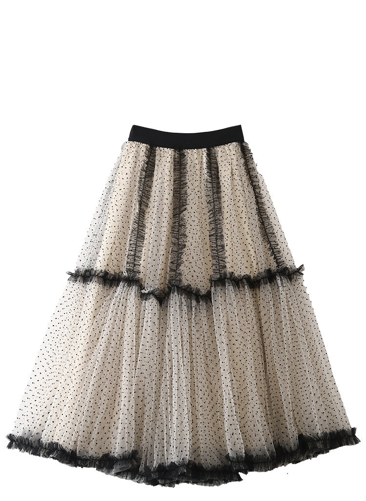 French Style Mesh Pink Polka Dot A- Line Dress Skirts