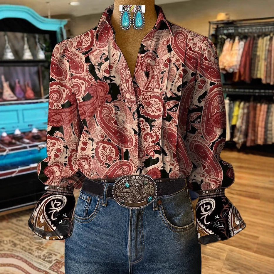Women's Digital Printing Bohemian Trendy Bell Sleeve Blouse