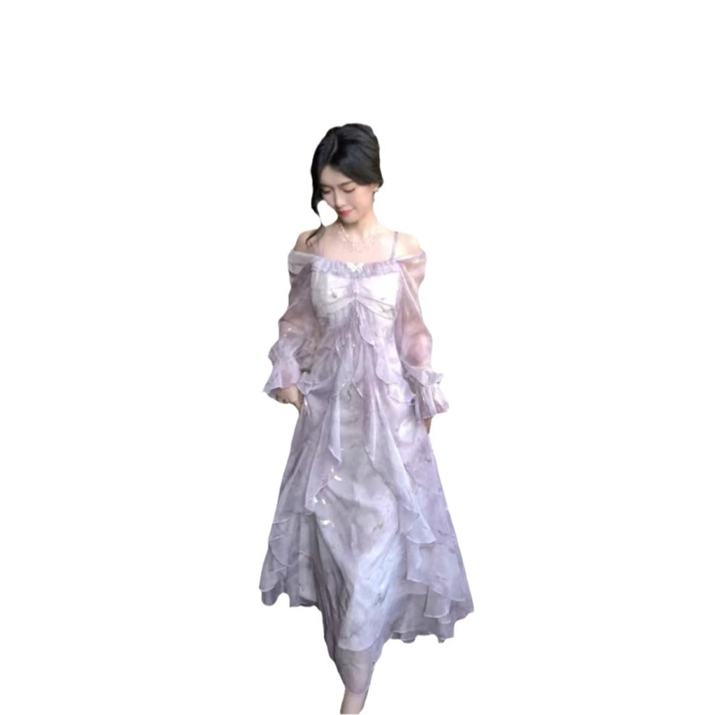 Fairy Purple Blooming Butterfly Bronzing Ruffled Dress