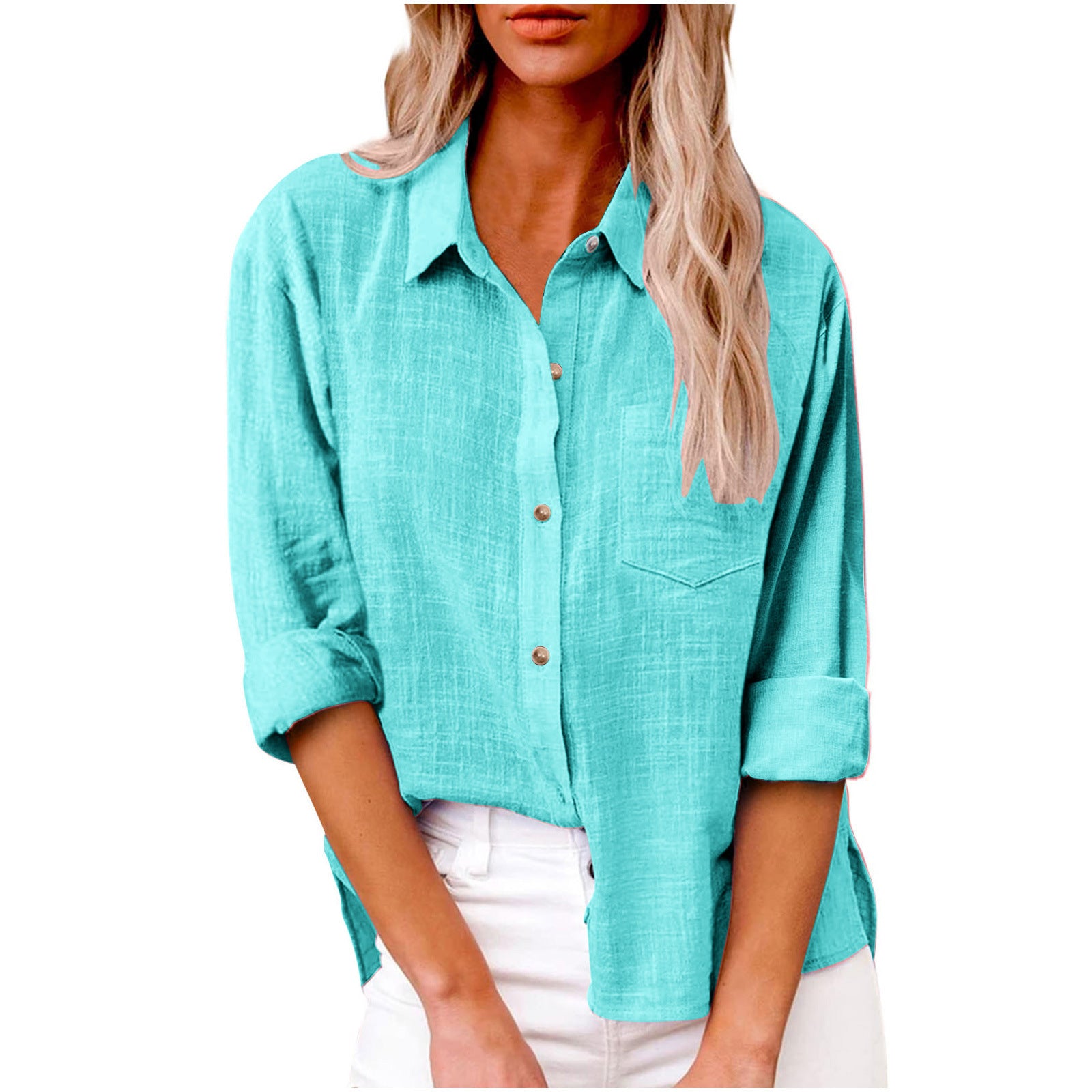 Women's Autumn Pocket Split Long Sleeve Cotton Blouse