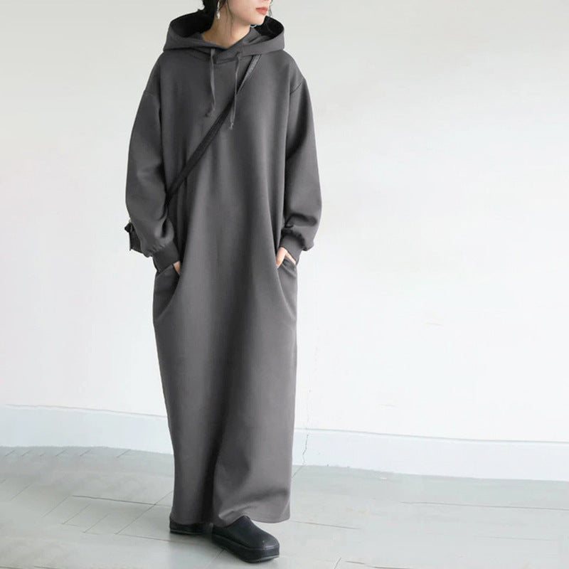 Women's Early Spring High-grade Small Hooded Solid Color Loose Dress