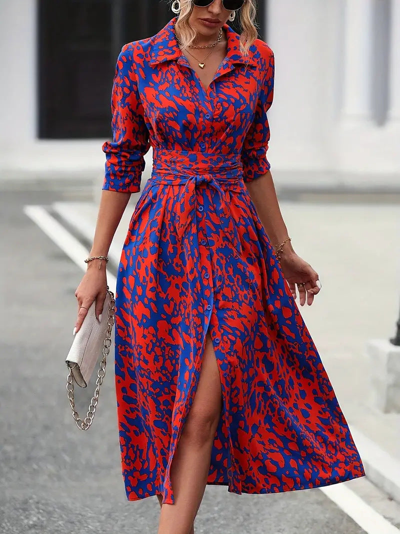 Printed Button Long Sleeve Waist A- Dress