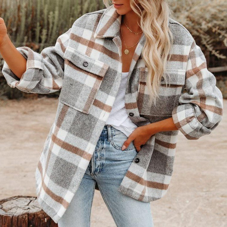 Women's Plaid Button Flannel Woolen Shirt Blouse
