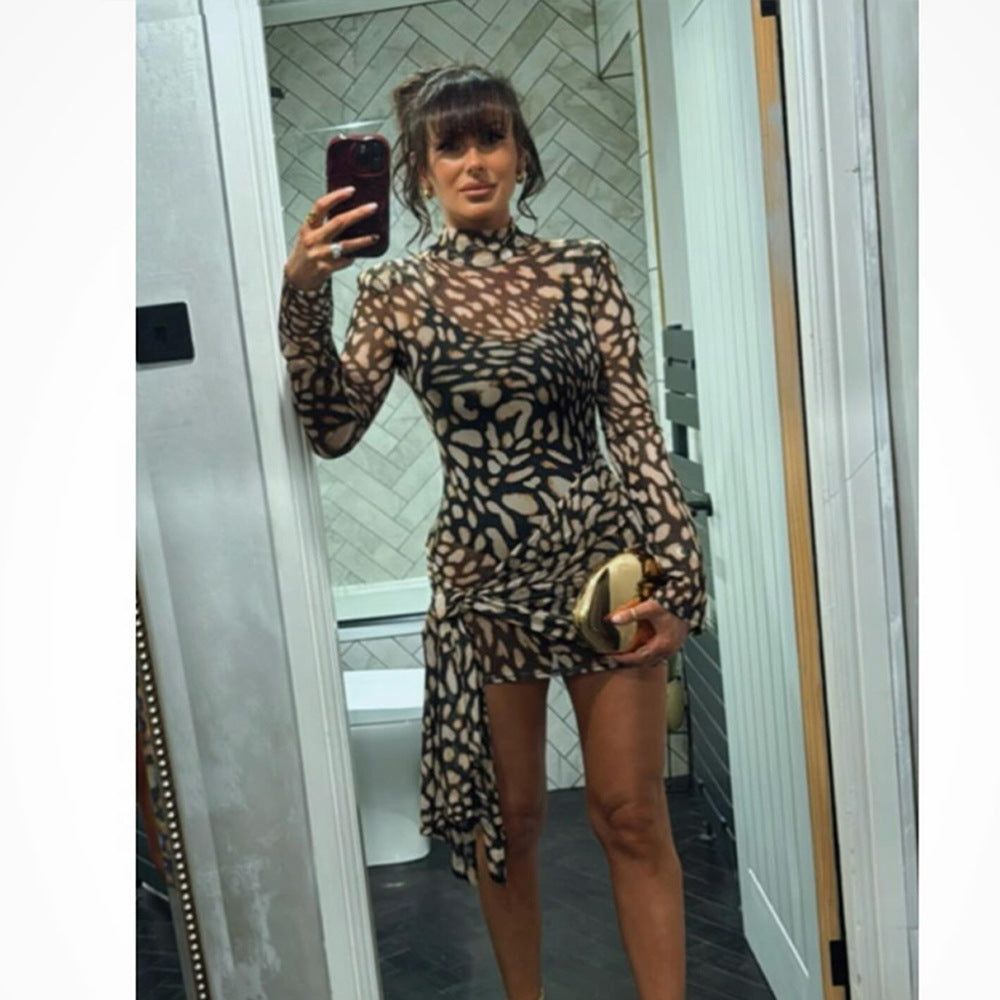 Women's Turtleneck Sexy Long Sleeve Leopard Print Tied Slim Dress