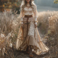 Women's Retro Lace Long Sleeve Pastoral Style Dress