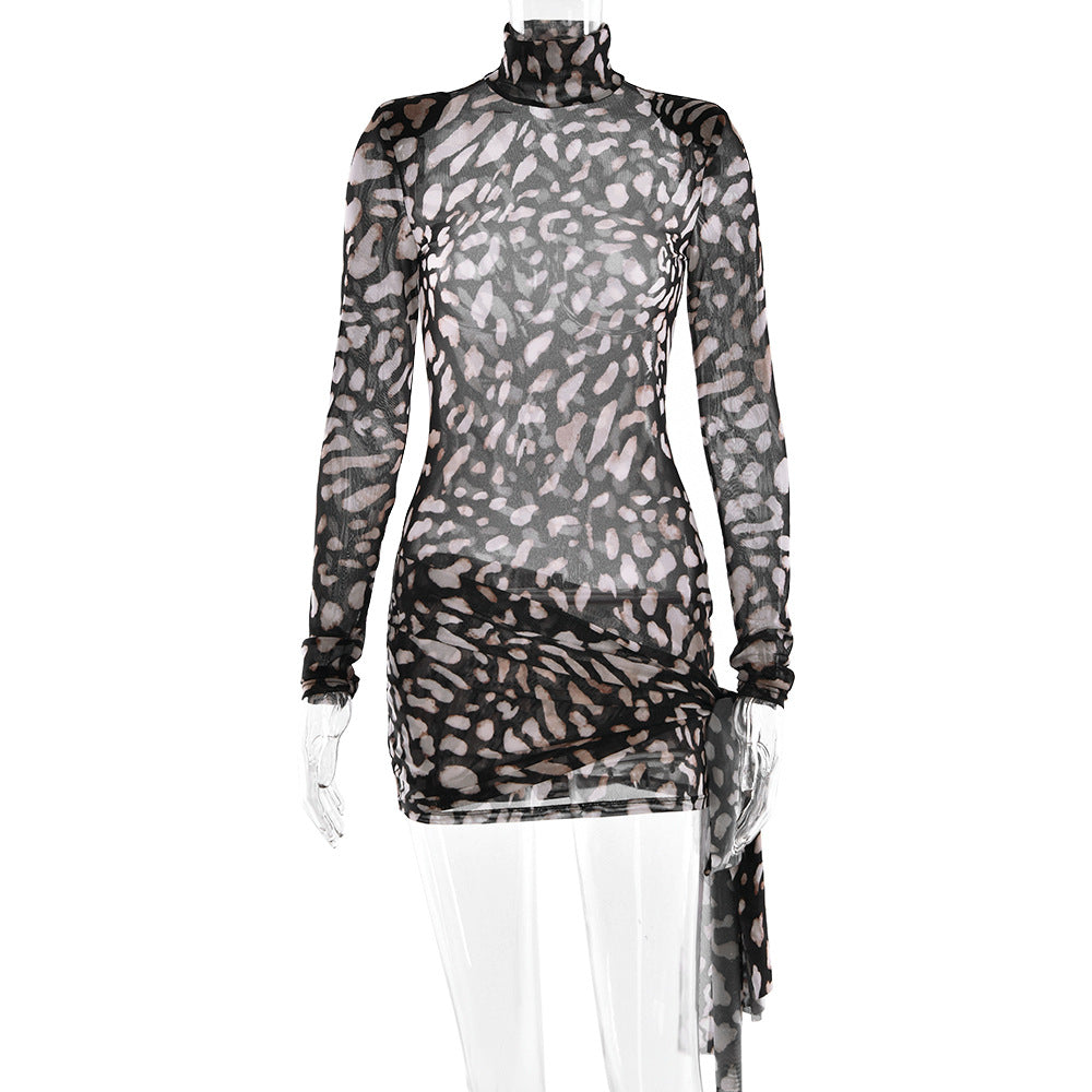 Women's Turtleneck Sexy Long Sleeve Leopard Print Tied Slim Dress