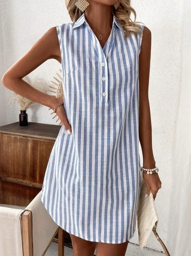 Women's Minimalist Sleeveless Buttons Striped Shirt Fashion Loose Dress