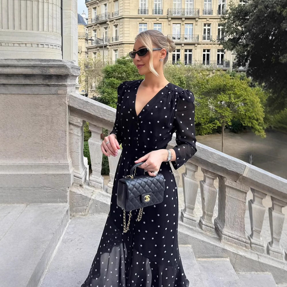 Gentle Summer Fashionable Temperament Mid-length Long Sleeve Polka Dot Dress