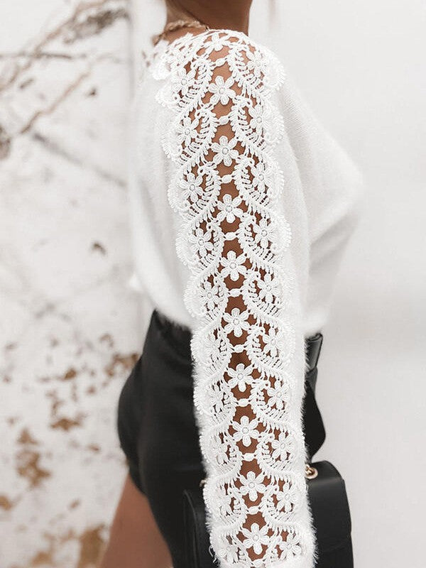 Women's Knitted Elegant Lace Stitching Sleeves Solid Sweaters