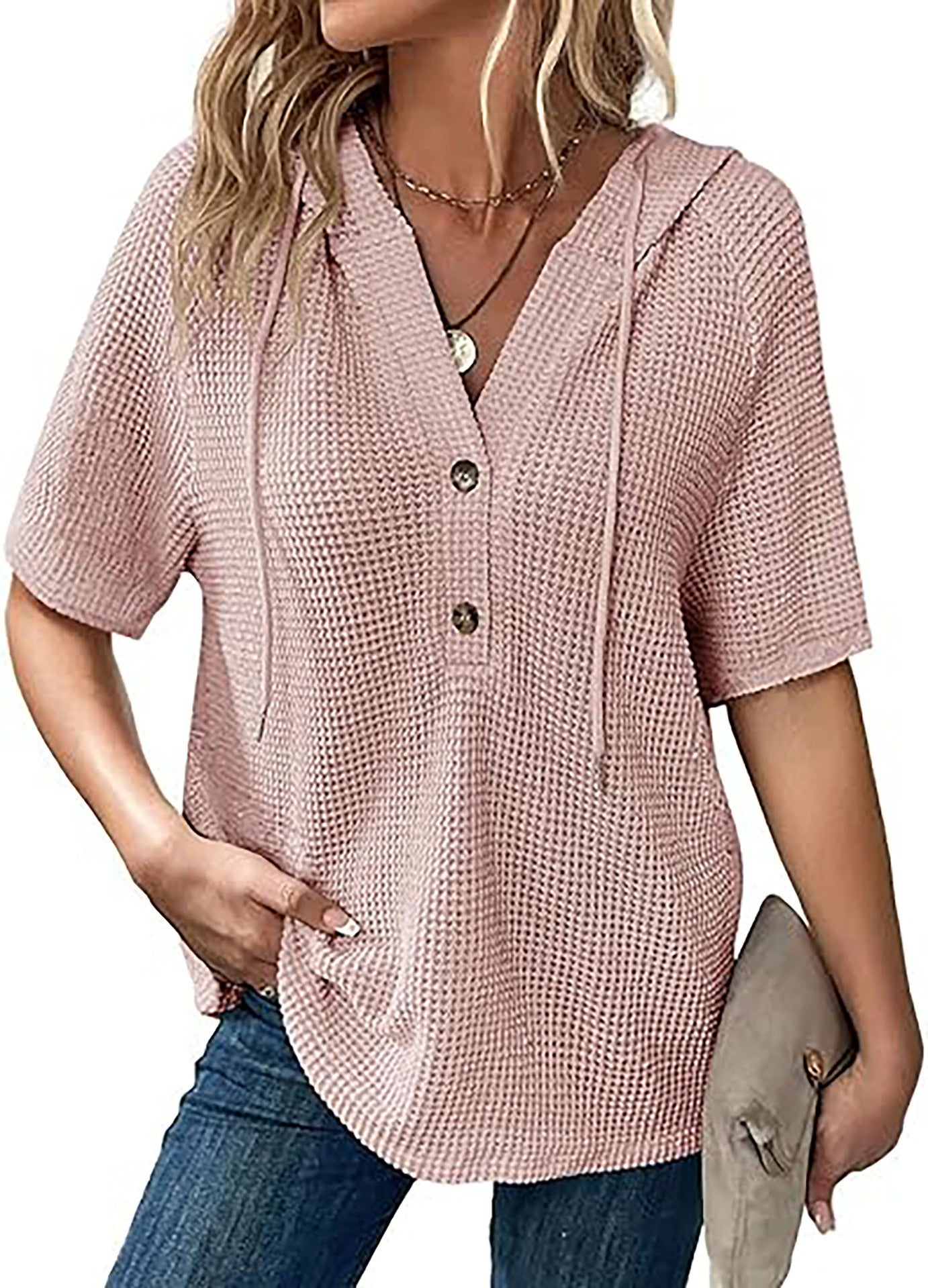 Women's Summer Waffle Knitted Short-sleeved Shirt Lightweight Drawstring Hoodie Blouse