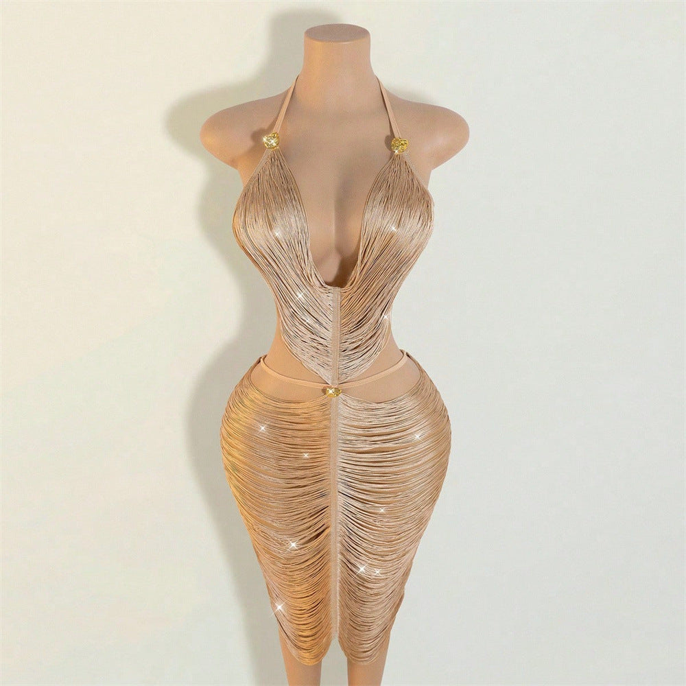 Party Pendant Tassel Suspender Halter Deep V Dress