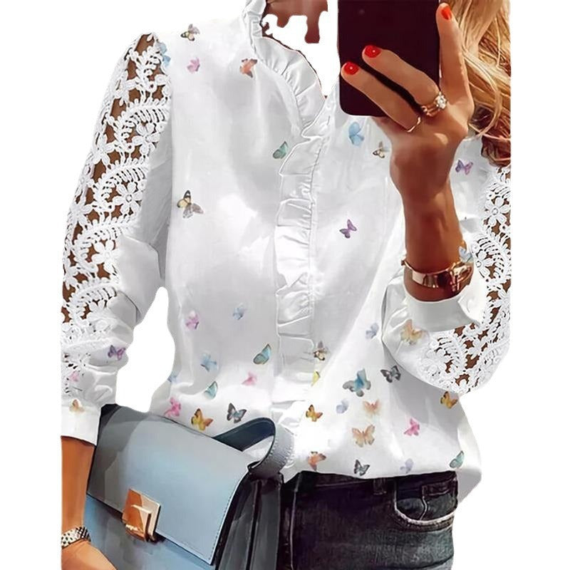 Women's Elegant Faille Long Sleeve Ruffled Collar Regular Shirt Stitching Blouse