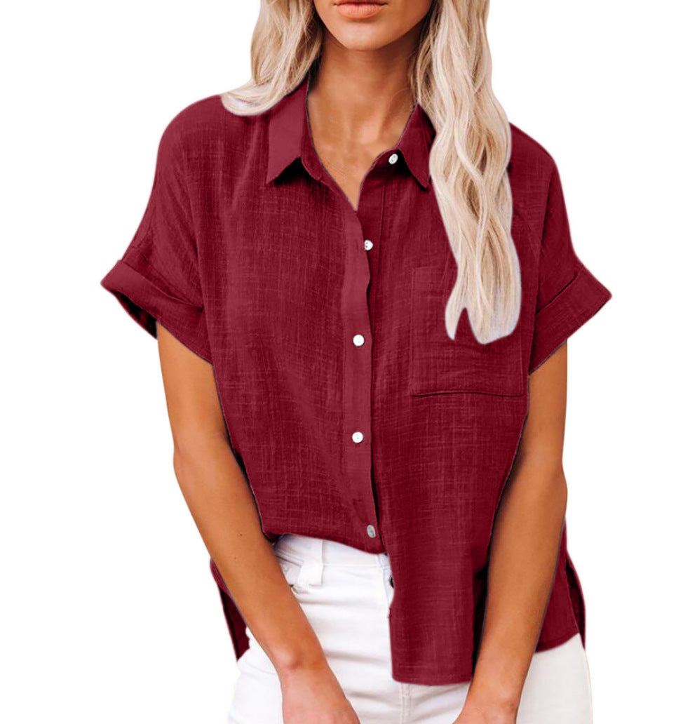 Women's Summer Solid Color Shirt Sleeve Cotton Casual Blouse