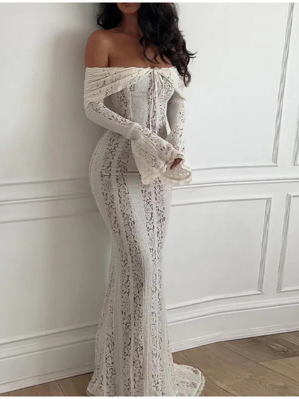Fashion Sexy Lace Long Bell Sleeve Dress