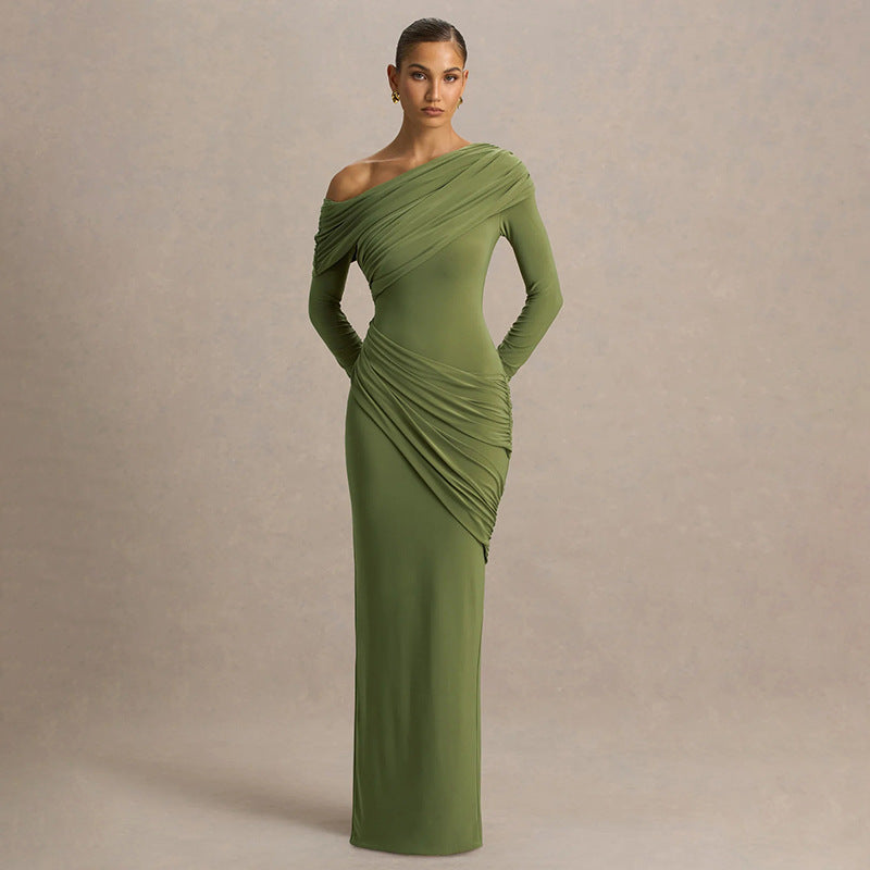 Women's Solid Color Elegant Asymmetric Neckline Pleated Dress