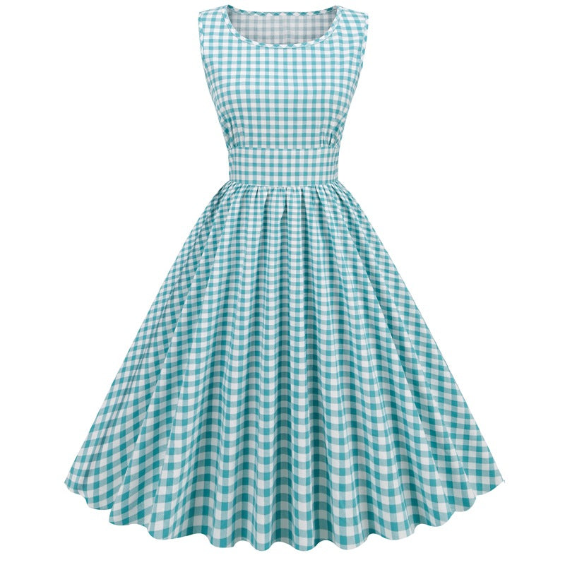 Pink Plaid Sleeveless Patchwork Retro Large Dress